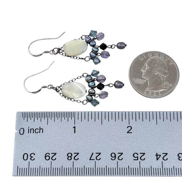 Estate Sterling Silver 925 Mother of Pearl Amethyst Onyx Chandelier Earrings - Picture 7 of 8